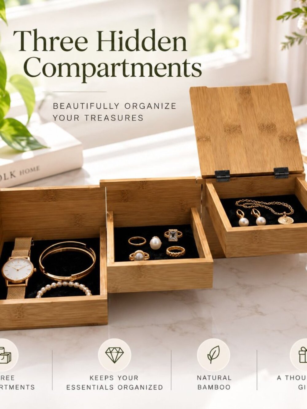 Hand-Made Bamboo Jewelry Box With Hidden Compartments Boho Storage Organizer